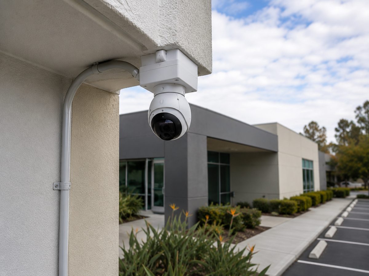 PTZ camera on a commercial building exterior